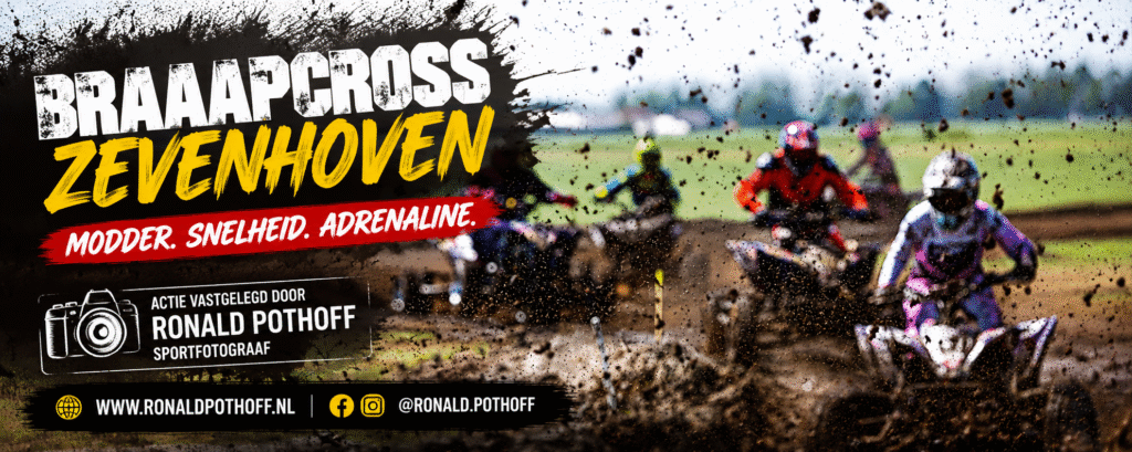 Quadrijders tijdens de BRAAAPCROSS Zevenhoven 2026 met opspattende modder vastgelegd door sportfotograaf Ronald Pothoff.
